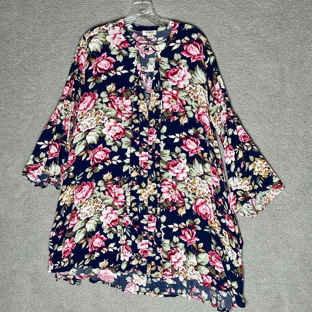 Umgee USA Womens Kimono Tunic Top Size Small Navy Pink‎ Floral Rose Boho Chic